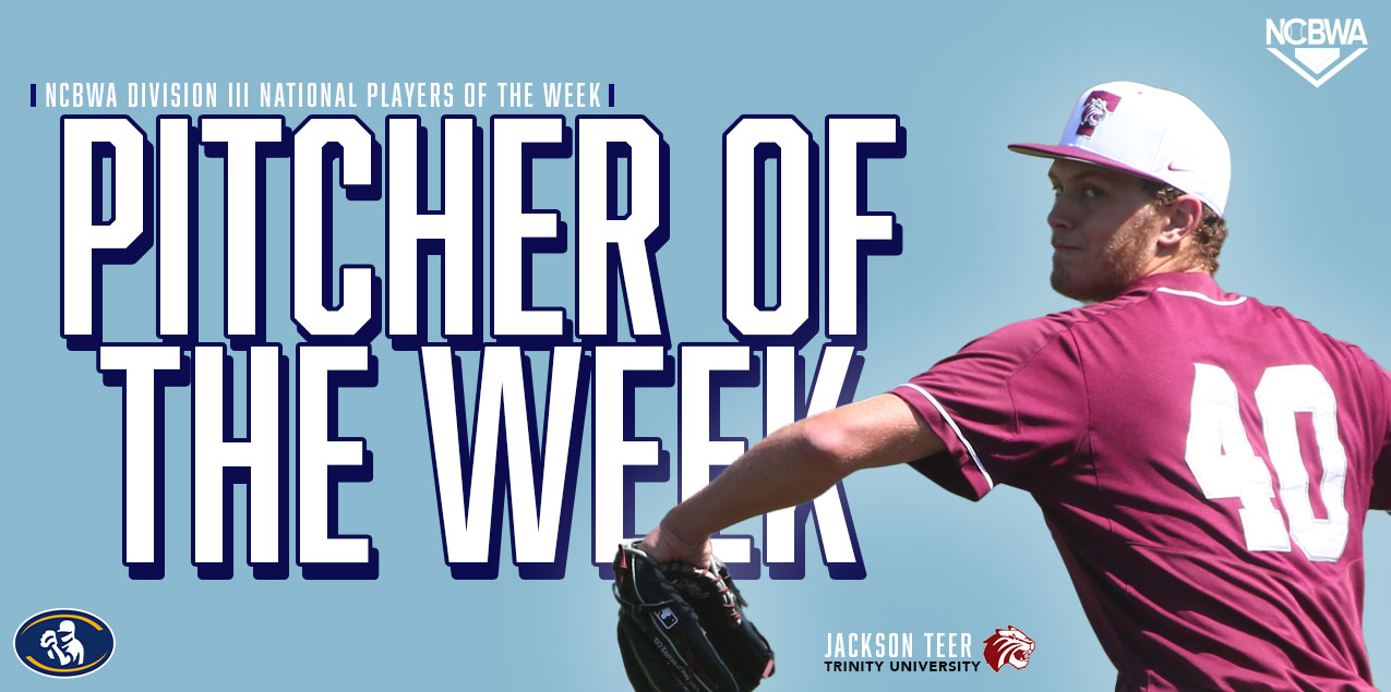 Trinity's Teer Named NCBWA Division III Pitcher of the Week